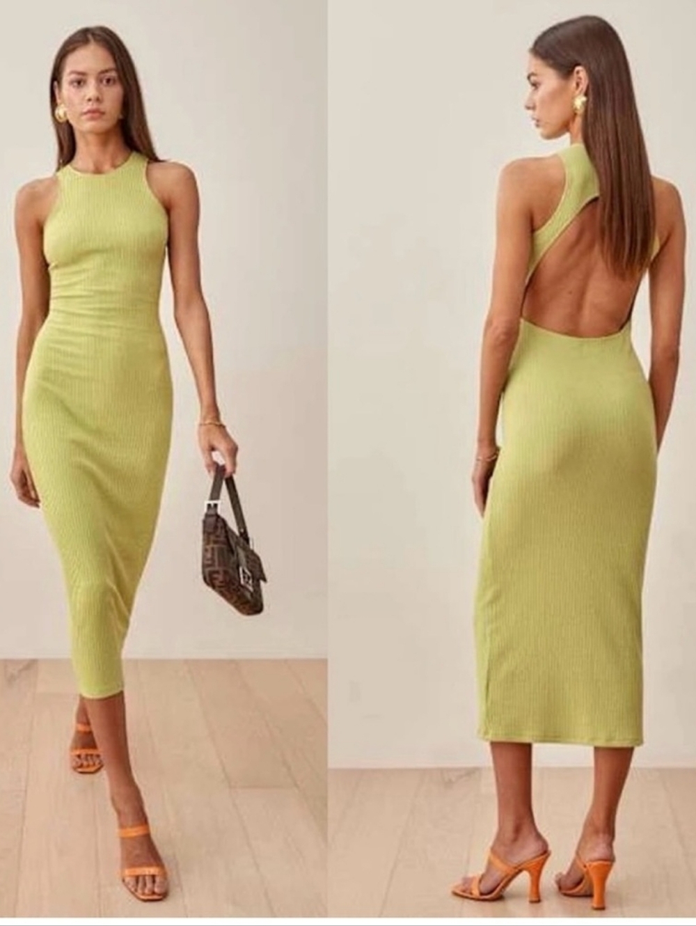 Reformation Candice Bodycon Midi Tank Dress Green Cutout Backless Stretch Knit